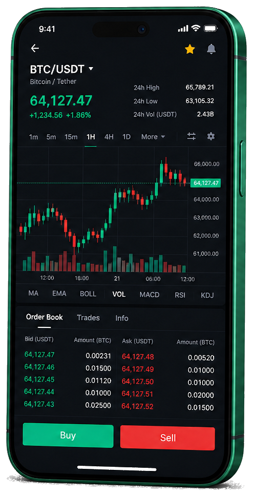Interface mobile Monarque Fondif — graphique BTC/USDT en direct, carnet d’ordres et outil de trading